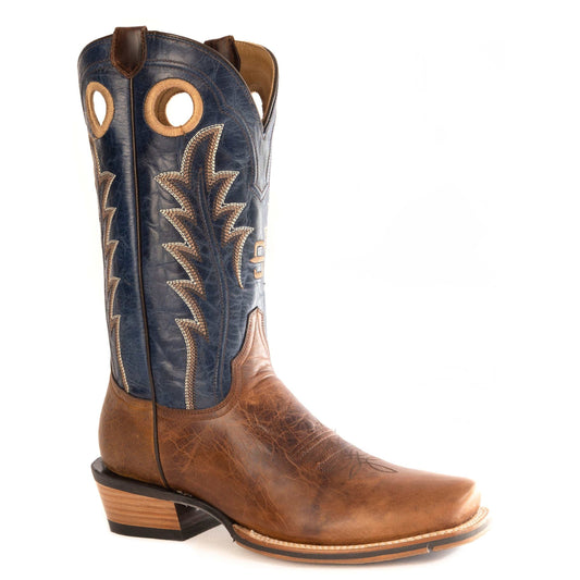 Men's Stetson Sheridan handcrafted brown leather boots with square toe and 13" navy leather shaft