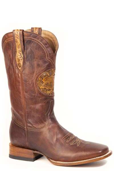 Men's Stetson Handtooled Leather Boots Handcrafted Square Toe Cognac