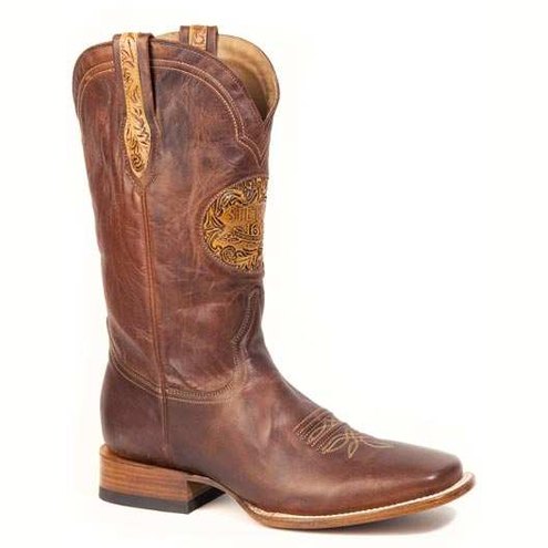 Men's Stetson handtooled leather boots with square toe in burnished cognac color