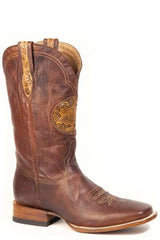 Men's Stetson Handtooled Leather Boots Handcrafted Square Toe Cognac