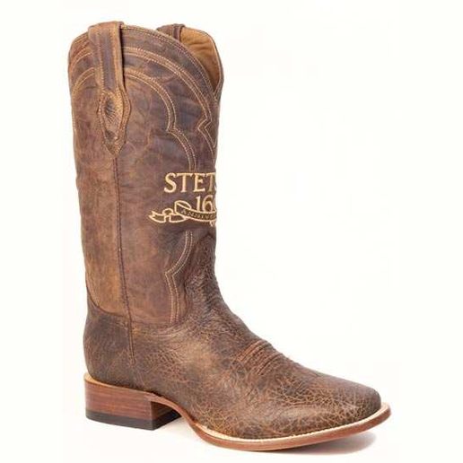 Men's Stetson Barkley Bison Boots handcrafted square toe brown leather with 13" shaft and leather sole