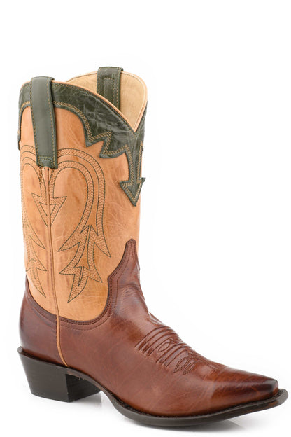 Women's Stetson Millie brown leather handcrafted snip toe boots with embroidered shaft and stacked heel