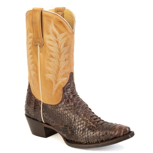 Women's Stetson Camila Python Boots brown handcrafted snip toe with embroidered calf shaft and stacked heel