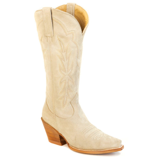 Women's Stetson Mae Suede Boots tan handcrafted snip toe cowboy boots with creme brulee suede vamp and 15" shaft