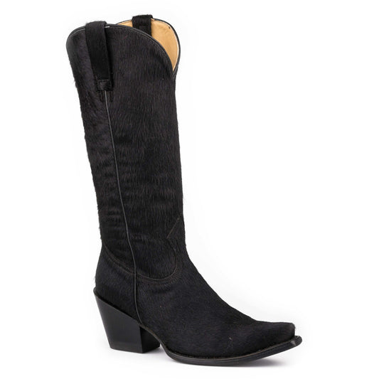 Women's Stetson Mae black leather cowboy boots with snip toe and 15-inch shaft handcrafted