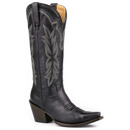 Women's Stetson Mae black leather handcrafted snip toe cowboy boots with 15" shaft and stacked heel