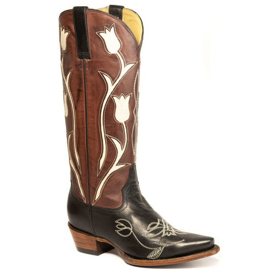 Women's Stetson Amelia Leather Boots black snip toe handcrafted with wing tip design and stacked heel