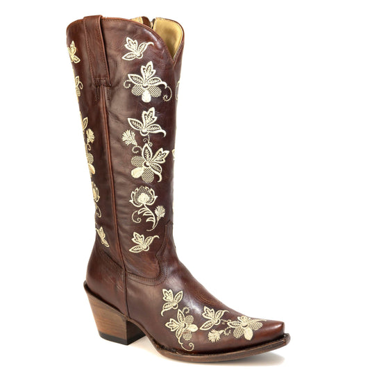 Brown Women's Stetson Gabi Leather Boots with snip toe and floral design