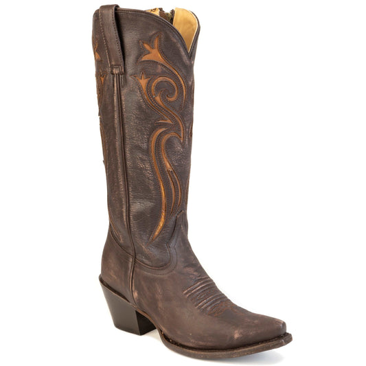 Women's Stetson Maci leather boots handcrafted brown snip toe cowboy boots with stacked heel and leather lining