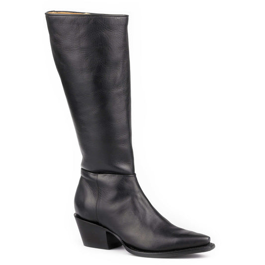 Women's Stetson Syd black leather handcrafted snip toe cowboy boots with 15-inch shaft and stacked heel
