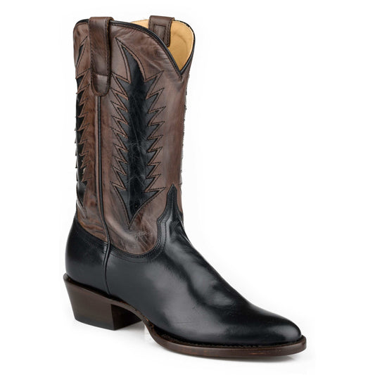 Women's Stetson Cassidy black leather boots with handcrafted cowgirl toe and unique flame underlay design