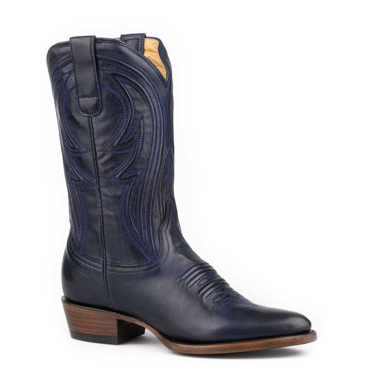 Women's Stetson Nora blue leather snip toe boots with corded shaft and stacked heel