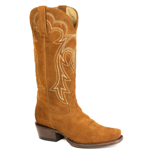 Women's Stetson Reese Suede Leather Boots with hand-stitched brown snip toe and embroidered 14" shaft