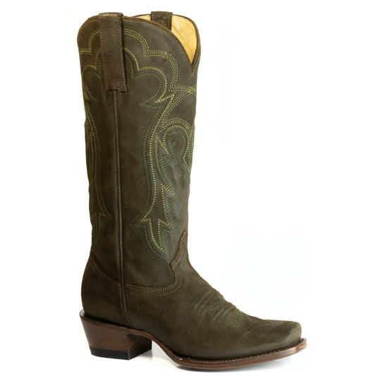 Women's Stetson Reese suede leather boots green with embroidery and snip toe