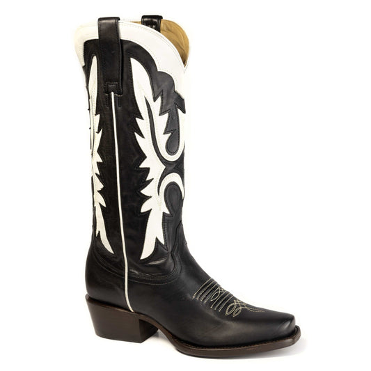 Women's Stetson Lainey handcrafted black leather cowboy boots with square toe and 14-inch shaft