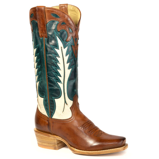 Women's Stetson Hadley handcrafted brown leather boots with turquoise flame inlay and square toe