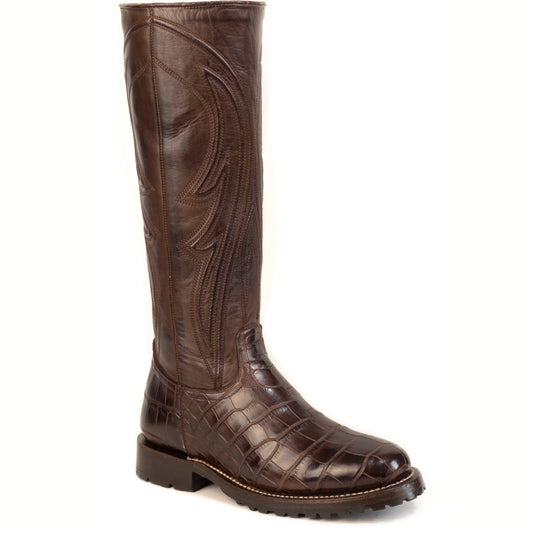Women's Stetson Equestrian Alligator Boots handcrafted brown leather round toe boots with 16-inch calf shaft and YKK zipper