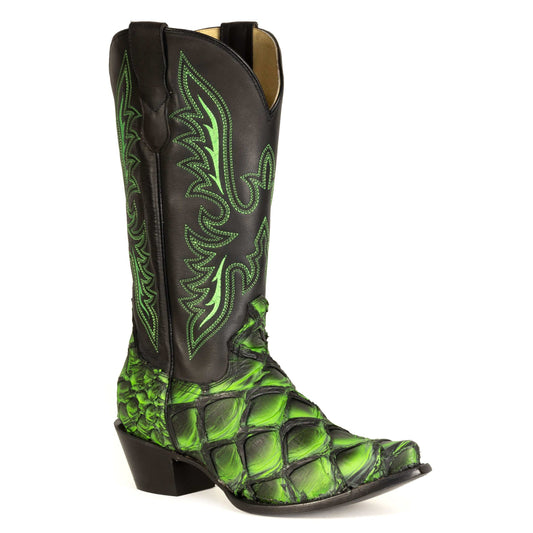 Women's Stetson Pirarucu Fish Boots green handcrafted snip toe with unique embroidery and leather sole