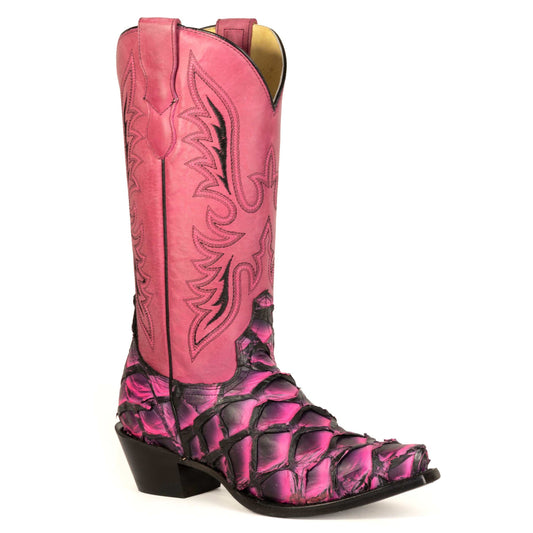 Women's Stetson Pirarucu Fish Boots in pink with snip toe and embroidered shaft