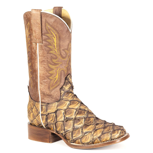 Women's Stetson Pirarucu Fish Boots handcrafted brown leather square toe with leather shaft and 11-inch shaft height