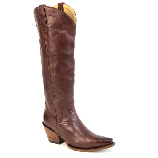 Women's Stetson Sutton Leather Boots handcrafted snip toe wine color with 18" shaft and stacked heel