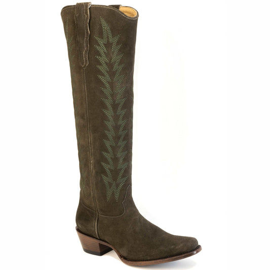 Women's Stetson Sissy Suede Leather Boots in olive green with vintage embroidery and hog nose toe