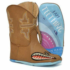 Baby Tin Haul Sharky Boots with Beware I'M Teething Sole Handcrafted Tan