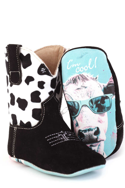 Baby Tin Haul Cow-A-Bunga Boots black suede vamp with printed cow pattern textile shaft and side zip