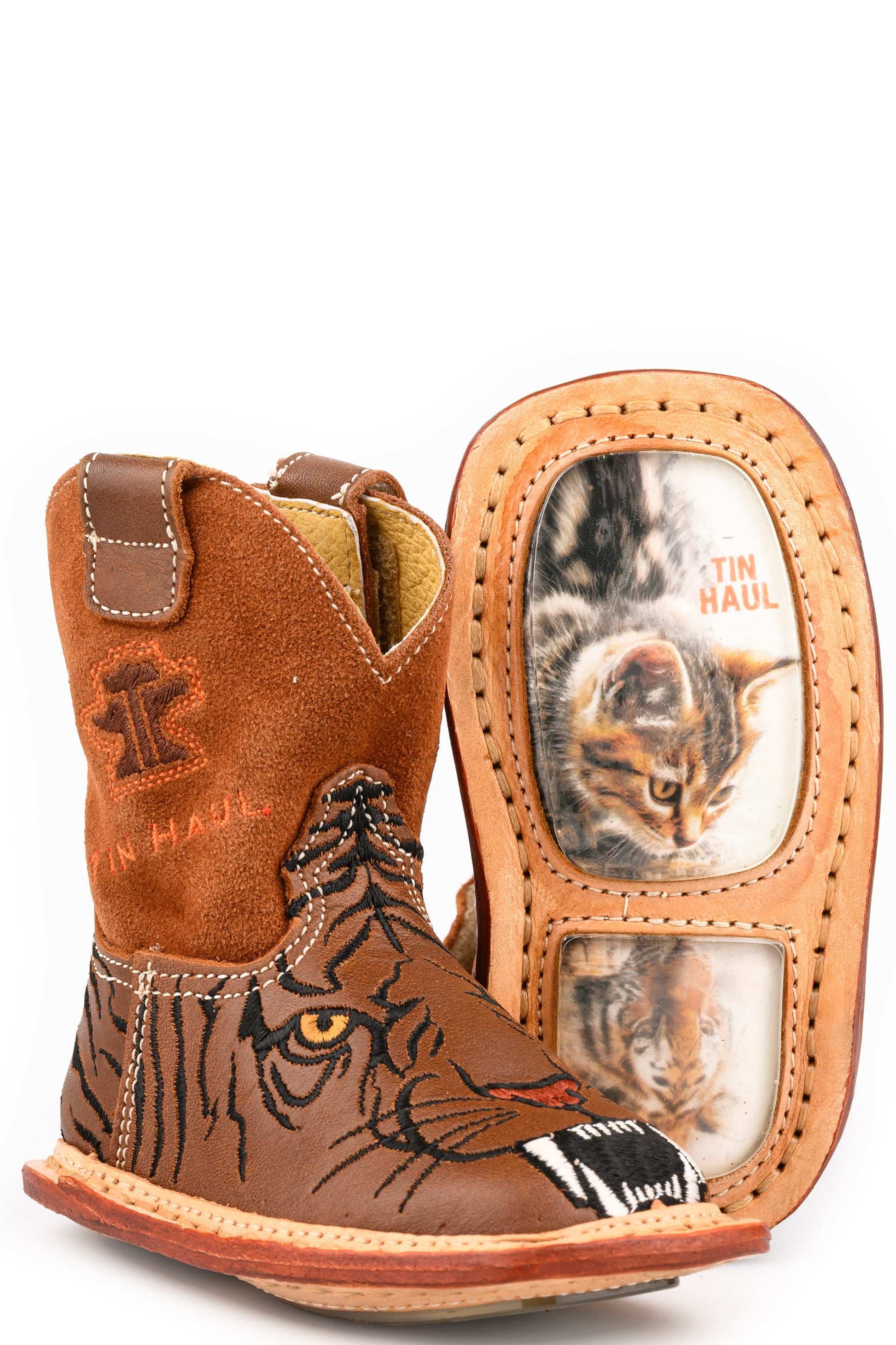 Baby Tin Haul Wild Tiger Boots with stitched tiger design on brown leather and vintage orange shaft