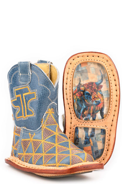 Baby Tin Haul Tri-Tots Boots with blue stitched triangles, crystal steer sole, and embroidered logo on leather shaft