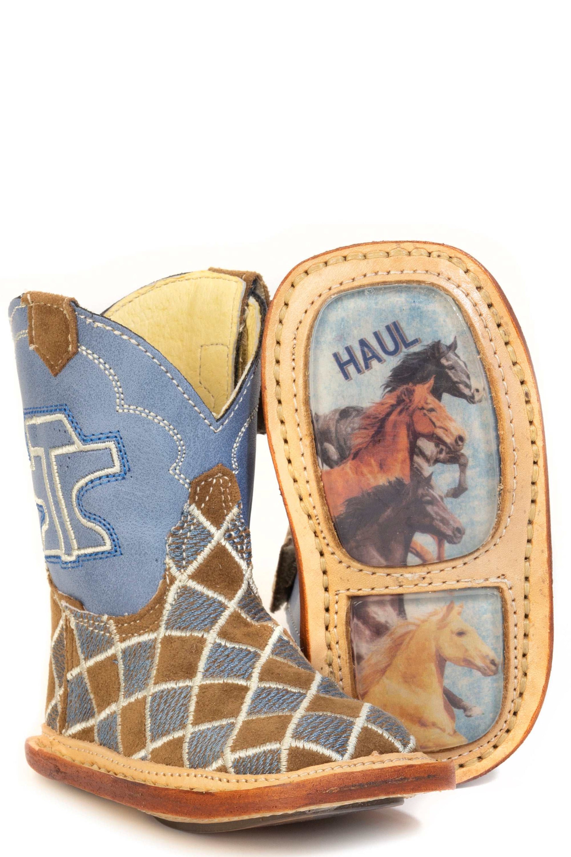 Baby Tin Haul Checkers Boots with stitched patchwork, brown suede vamp, blue shaft, and running horse sole
