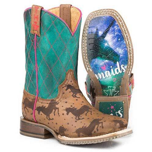 Kid's Tin Haul Magic Unicorns Boots With Chasing Rainbows Sole Handcrafted Tan