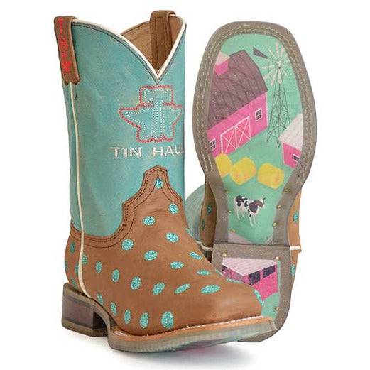 Kid's Tin Haul Little Dotty Boots Pretty Lil Farm Sole Handcrafted Tan
