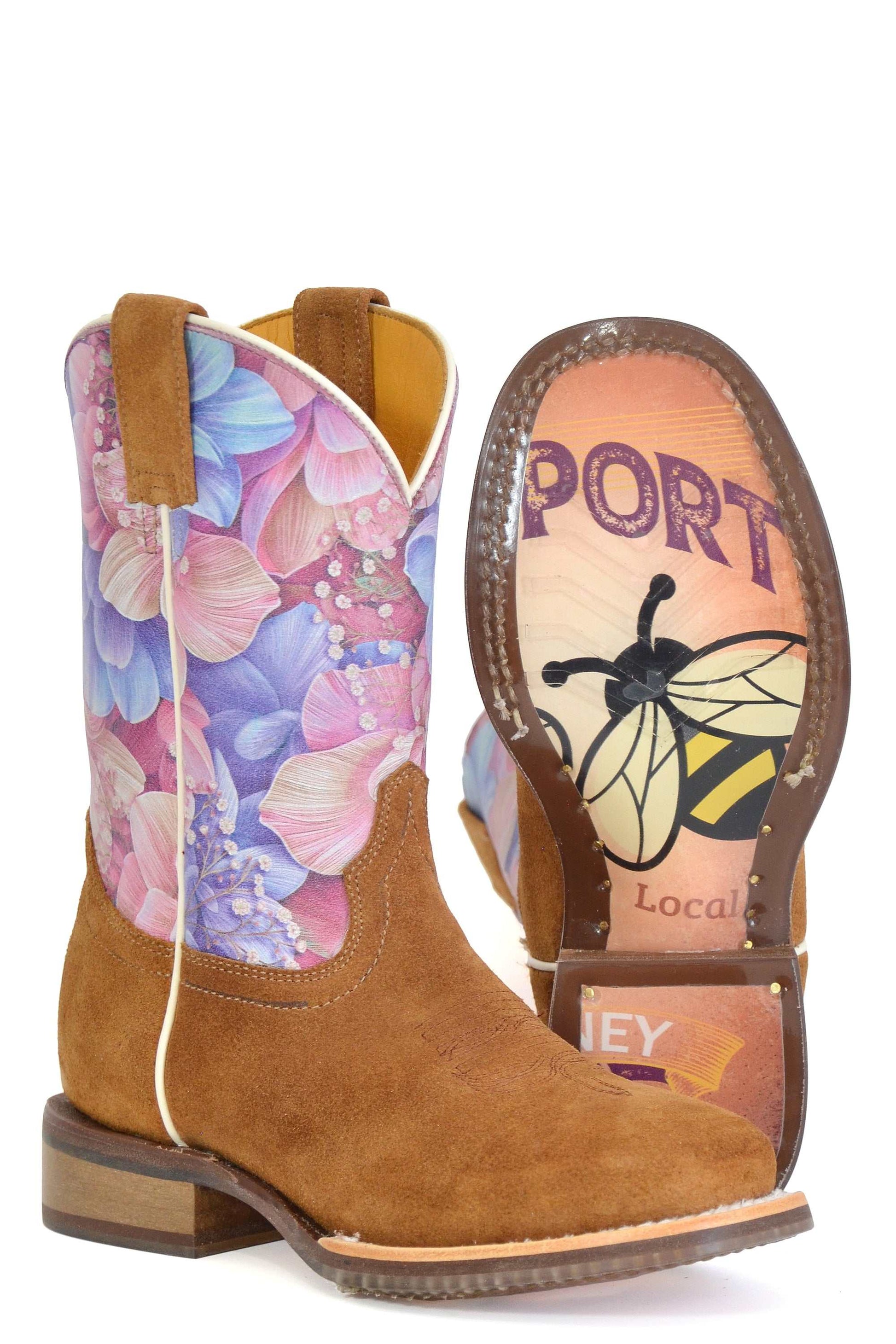 Kid's Tin Haul Flowerlicious Boots with brown roughout vamp, printed flower shaft, honey bee sole, and square toe design