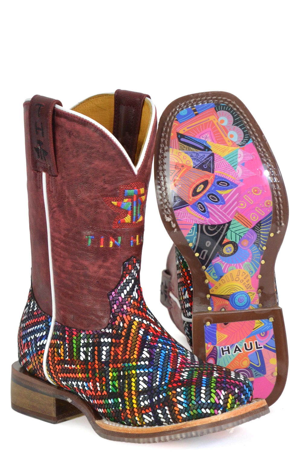 Kid's Tin Haul Prismatic Boots With Ikat Sole Handmade Red