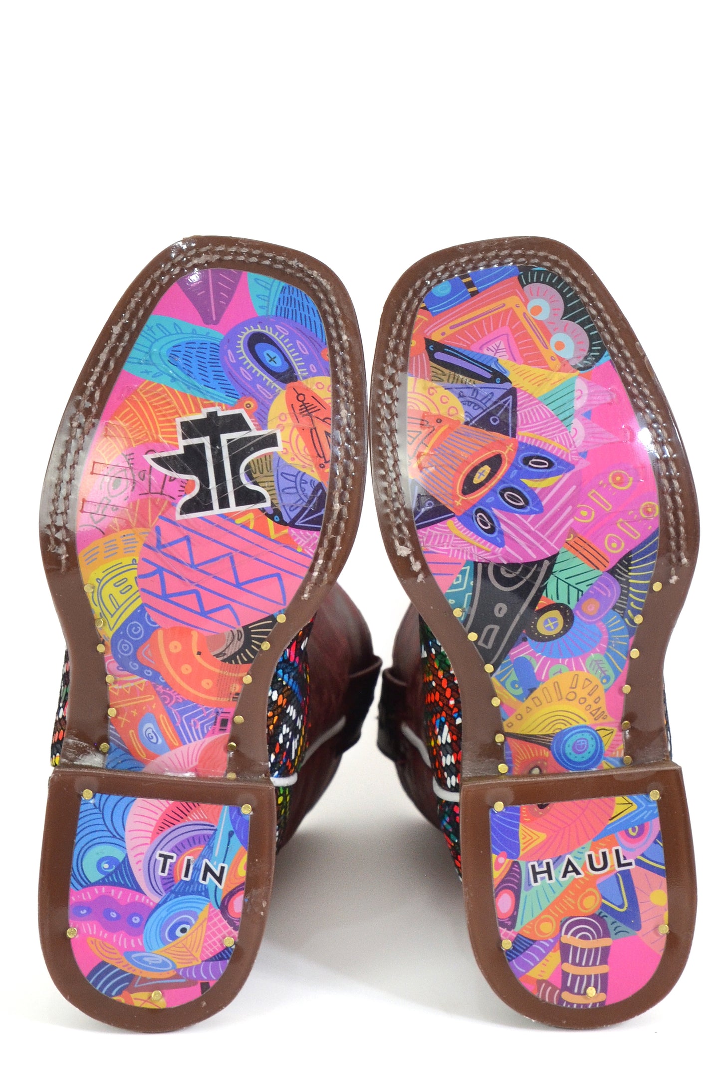 Kid's Tin Haul Prismatic Boots With Ikat Sole Handmade Red