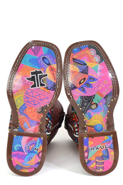 Kid's Tin Haul Prismatic Boots With Ikat Sole Handmade Red