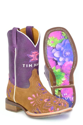 Botas de mandala Tin Haul para niños con suela de flores de papel, hechas a mano en color canela