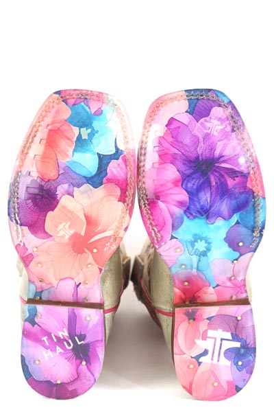 Botas de vaquera Let's Go de Tin Haul para niños con suela Flower Power, hechas a mano en color tostado