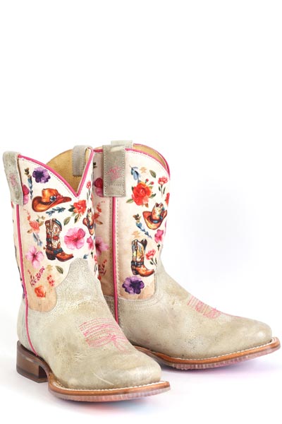 Botas de vaquera Let's Go de Tin Haul para niños con suela Flower Power, hechas a mano en color tostado