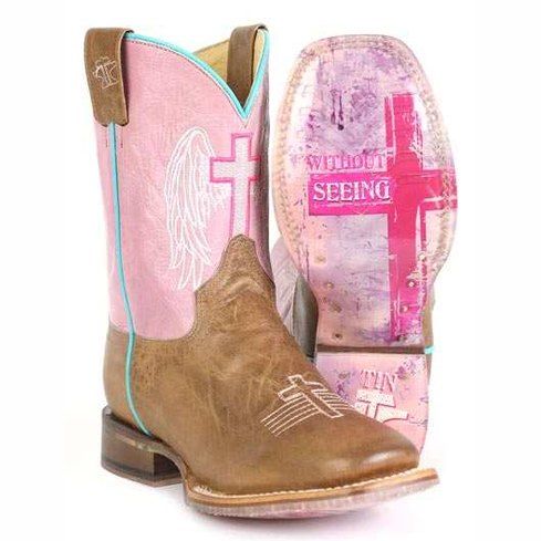 Kid's Tin Haul Angel Wings Boots With Blessed Are Those Sole Handcrafted Brown