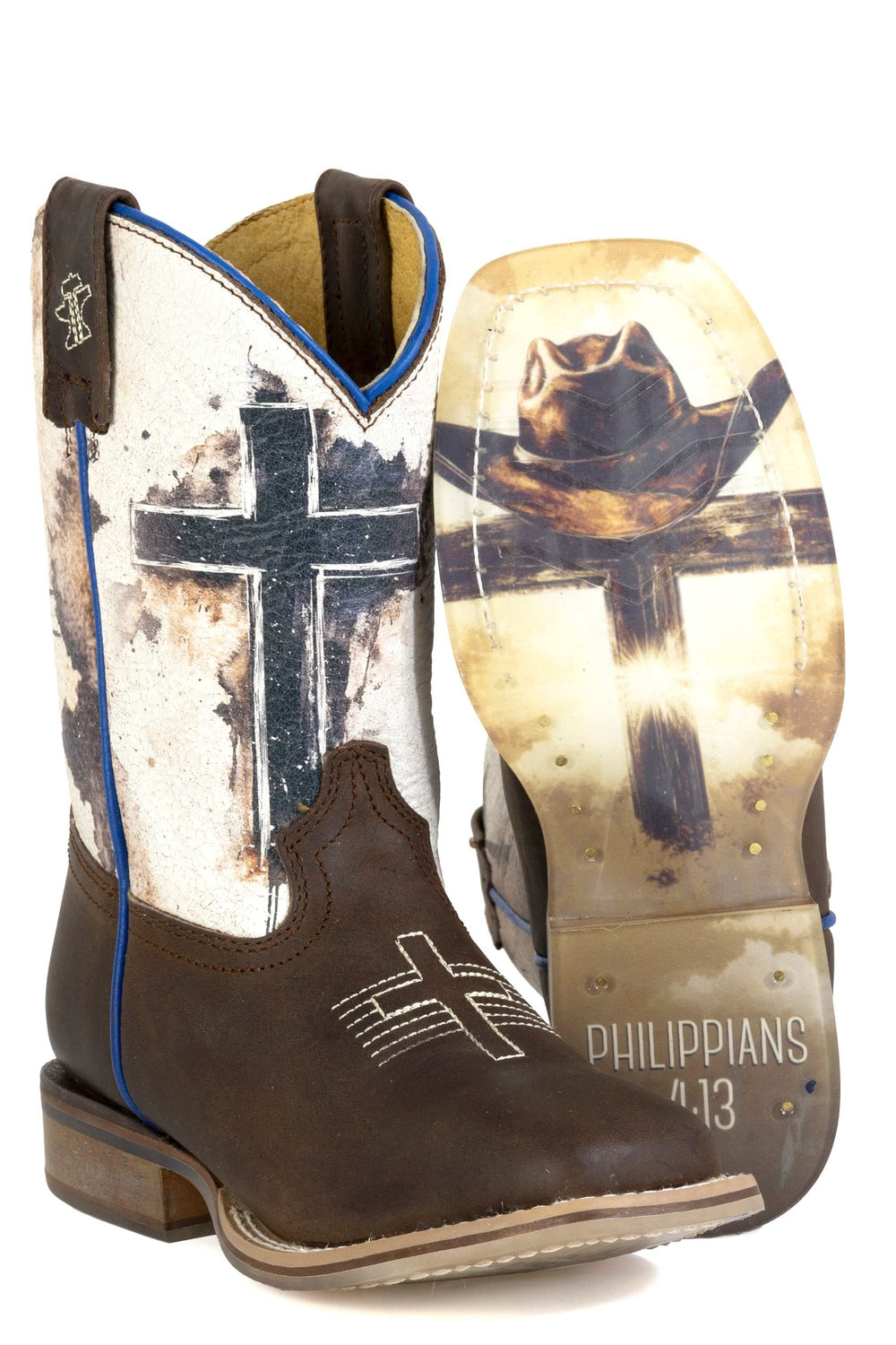 Kid's Tin Haul Church Cross Boots With Philippians 4:13 Sole Handmade Brown