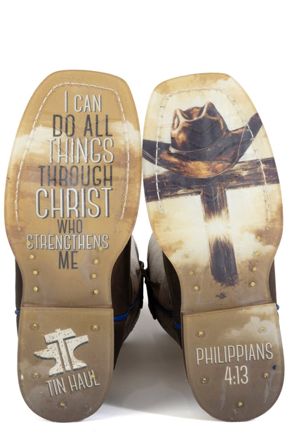 Kid's Tin Haul Church Cross Boots With Philippians 4:13 Sole Handmade Brown