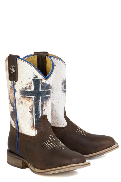 Kid's Tin Haul Church Cross Boots With Philippians 4:13 Sole Handmade Brown