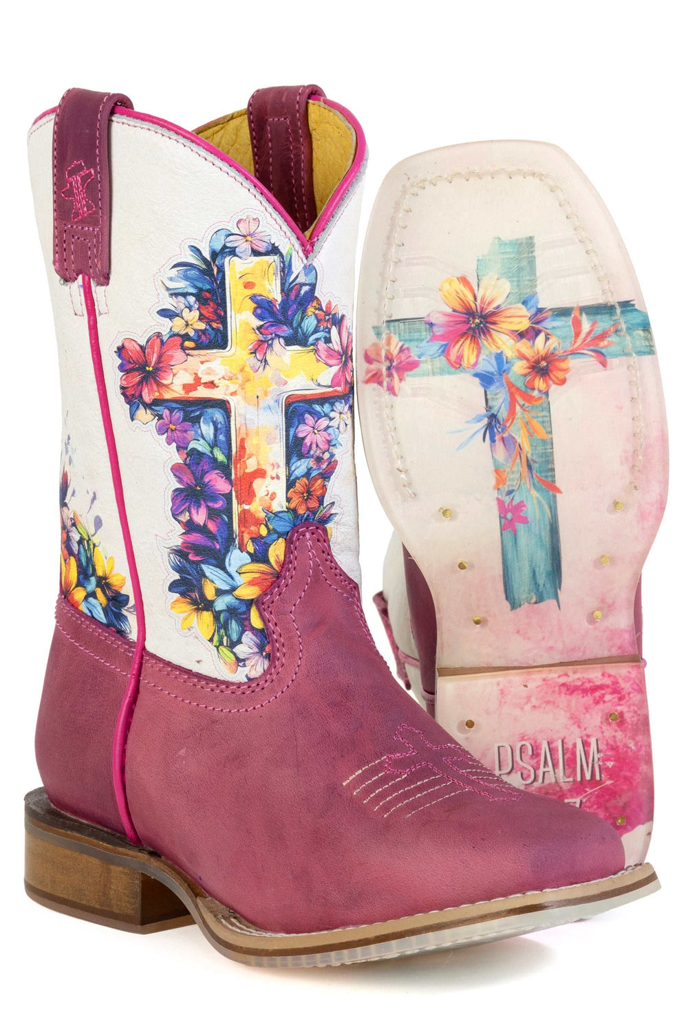 Kid's Tin Haul Love Jesus Boots With Psalm 28:7 Sole Handmade Pink