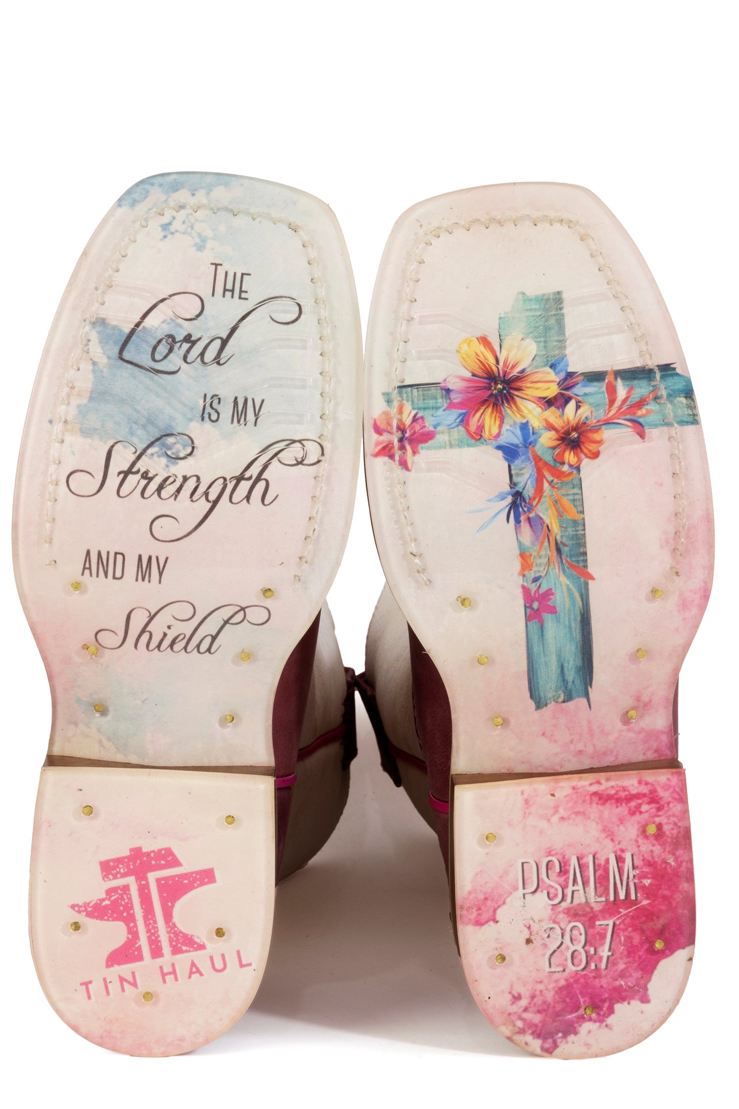 Kid's Tin Haul Love Jesus Boots With Psalm 28:7 Sole Handmade Pink