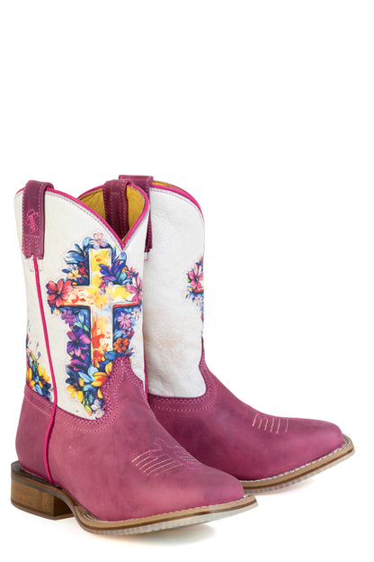 Kid's Tin Haul Love Jesus Boots With Psalm 28:7 Sole Handmade Pink
