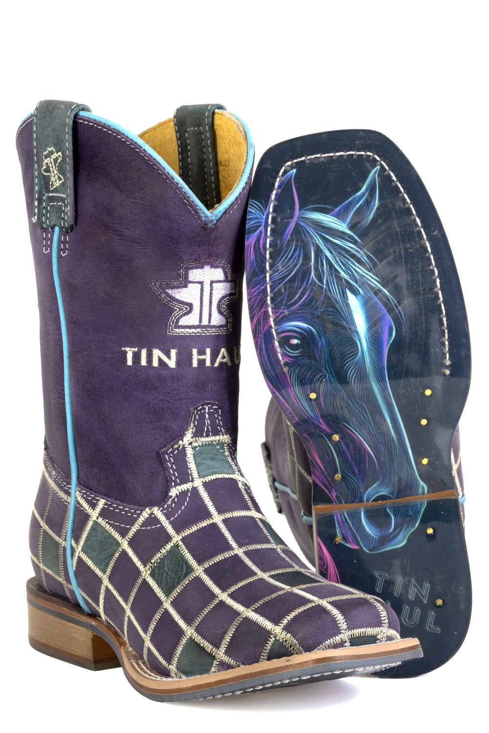 Kid's Tin Haul Patches Boots With Dream Horse Sole Handcrafted Purple
