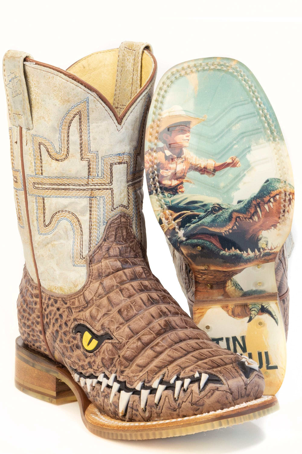 Kid's Tin Haul Al O' Gator Boots With Let's Ride Sole Handcrafted Brown