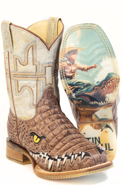 Kid's Tin Haul Al O' Gator Boots With Let's Ride Sole Handcrafted Brown